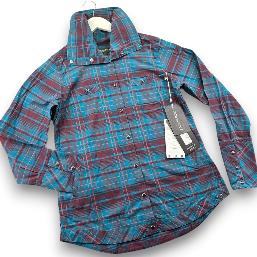 ExOfficio Alba Plaid Shirt Jacket Womens M Blue Red Nylon Snap Front Funnel Neck